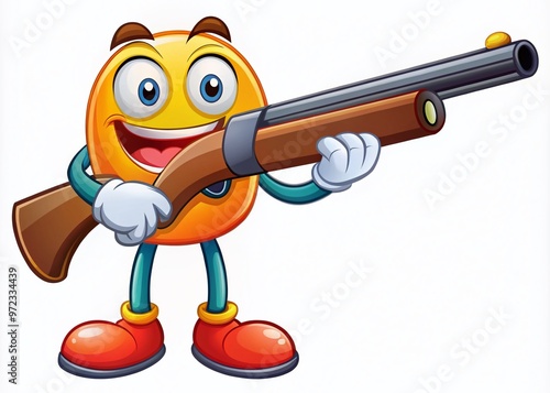 A cheerful, brightly colored cartoon shotgun with a smiling face and exaggerated features, standing upright with its