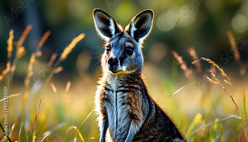 Graceful gray kangaroo poised in tall grass with a softly blurred backdrop photo