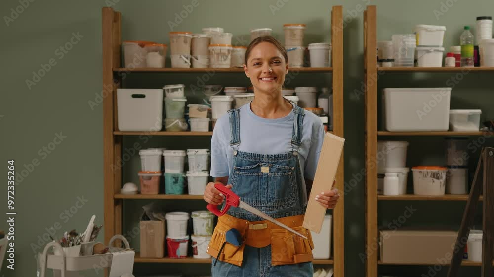 Young female carpenter smiling at the camera while standing in her own workshop and holding tools in her hands. Young female carpenter smiling at the camera while standing in her own workshop and holding tools in her hands.