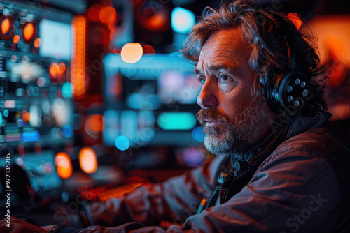 A focused technician works on a complex audio-visual setup in a dimly lit control room during a live production event