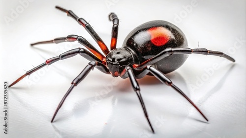 A close-up macro shot of a black widow spider's shiny black body with distinctive red hourglass shape on photo