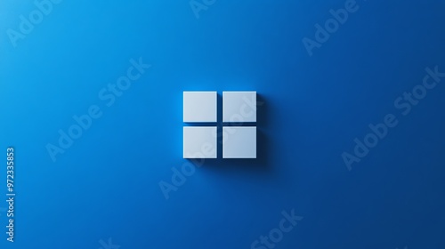 A minimalist 3D rendering of the Windows logo on a blue background.