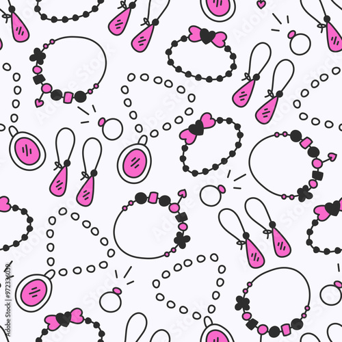 Women Jewelry Doodle Seamless Pattern. Hand drawn bijouterie background with falling ring bracelet necklace earrings. Cute cartoon girlie design with pink color. Vector illustration