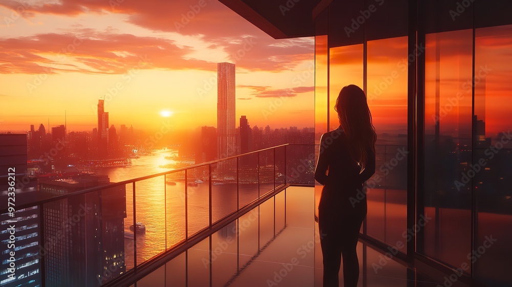 Fototapeta premium Rich Woman Enjoying the Sunset Standing on the Balcony at Luxury
