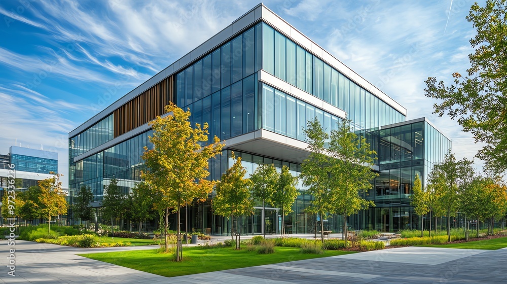 Obraz premium Modern office building with glass facade and lush green landscaping.