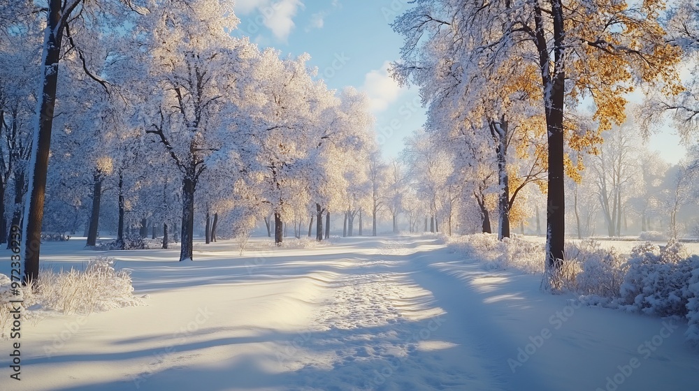 Snowy path through a quiet suburban park, with tall, frosty trees and the soft sound of crunching snow underfoot. 4K hyperrealistic photo. Snowy path through a quiet suburban park, with tall, frosty trees and the soft sound of crunching snow underfoot. 4K hyperrealistic photo.