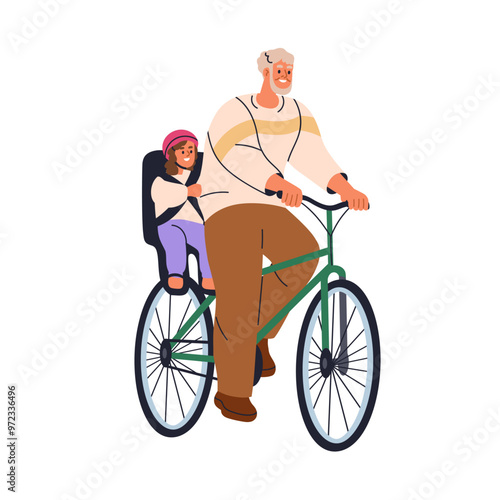 Grandfather cycling, carrying kid in baby seat, happy ride. Elderly old man, granddad and girl child travel on bicycle. Family on bike trip. Flat vector illustration isolated on white background