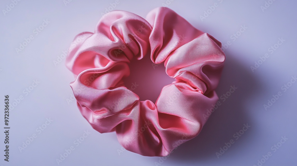 A vibrant pink satin scrunchie resting on a soft, light-colored background ready for hair styling and accessorizing A vibrant pink satin scrunchie resting on a soft, light-colored background ready for hair styling and accessorizing