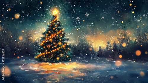 Christmas tree with lights in the winter forest. 3D illustration.