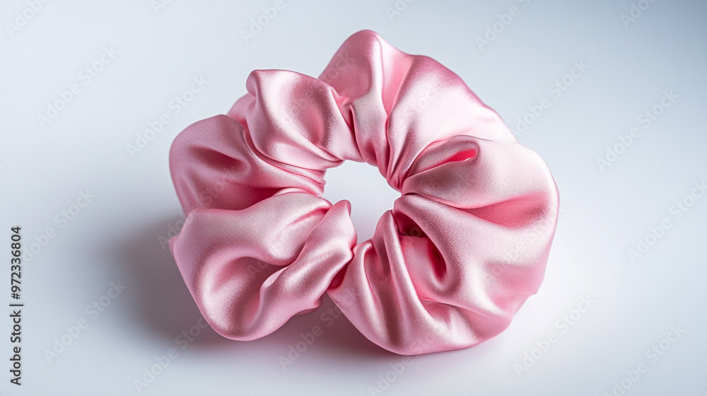 A soft pink satin scrunchie displayed on a clean white surface highlighting its smooth texture and elegant design A soft pink satin scrunchie displayed on a clean white surface highlighting its smooth texture and elegant design