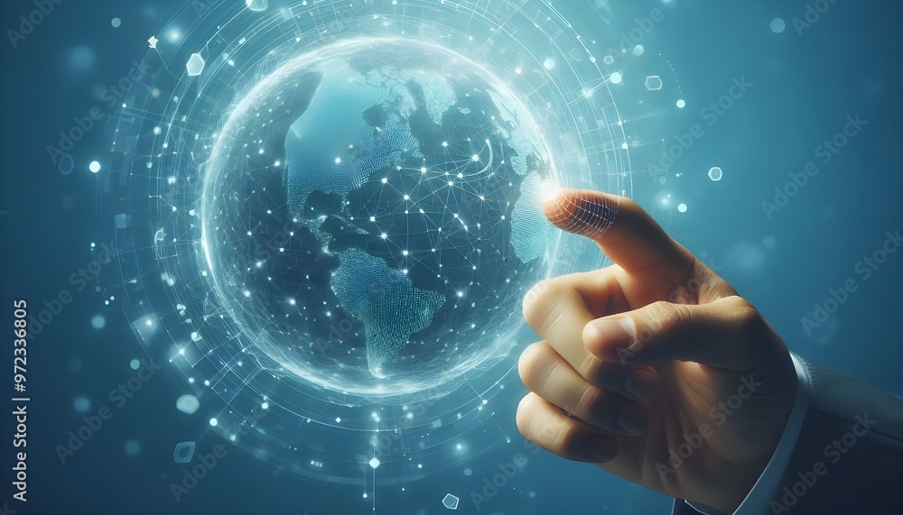 Hand pointing at digital wireframe globe on light blue background, representing global connections and technology concept. Hand pointing at digital wireframe globe on light blue background, representing global connections and technology concept.