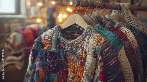 Handmade Colorful Knitted Sweaters on Wooden Hangers in Cozy Rustic Shop with Warm Lighting
