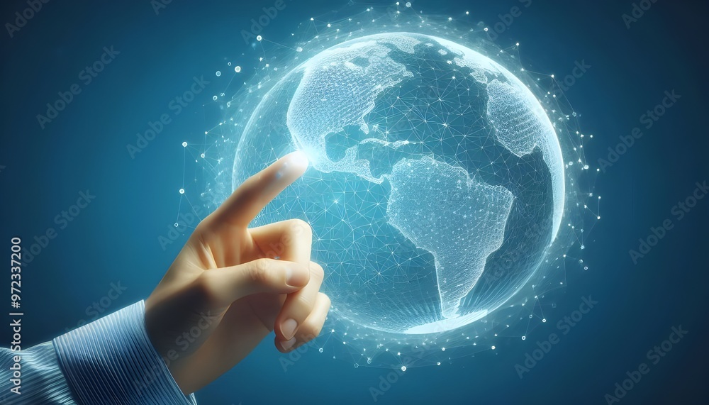 Hand pointing at digital wireframe globe on light blue background, representing global connections and technology concept. Hand pointing at digital wireframe globe on light blue background, representing global connections and technology concept.