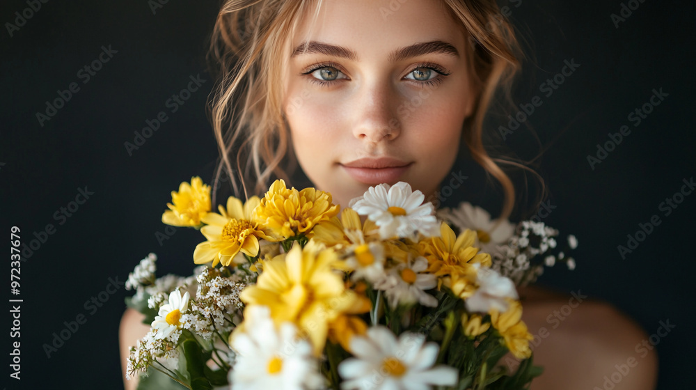 Young woman poses with a vibrant bouquet of daisies and wildflowers against a dark background in soft, natural lighting Young woman poses with a vibrant bouquet of daisies and wildflowers against a dark background in soft, natural lighting