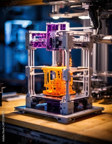 An advanced 3D printer in action, producing an orange-colored prototype. The high-tech machine operates with precision, illustrating the innovative process of additive manufacturing in a modern