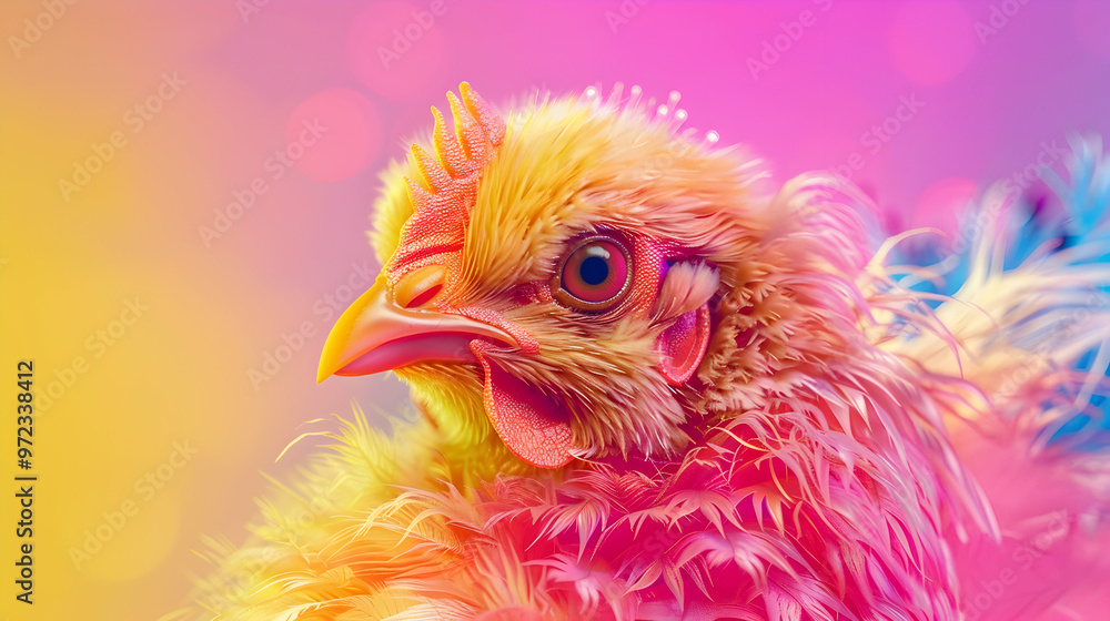 Fototapeta premium Pop fluffy chicken in bright pink and yellow, generative AI