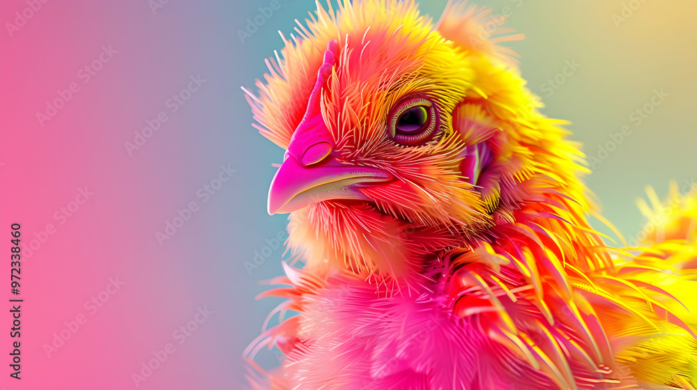 Fototapeta premium Pop fluffy chicken in bright pink and yellow, generative AI