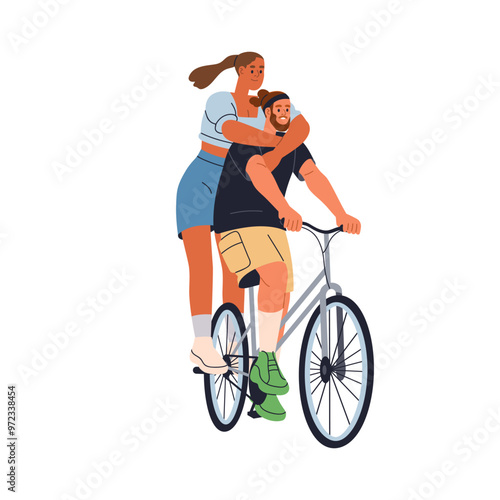 Happy active couple cycling together, enjoying fun ride on bicycle. Young exc...