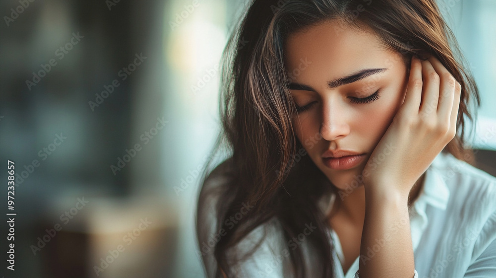 A young woman with long hair resting her head on her hand, reflecting in a softly lit indoor setting during daytime A young woman with long hair resting her head on her hand, reflecting in a softly lit indoor setting during daytime