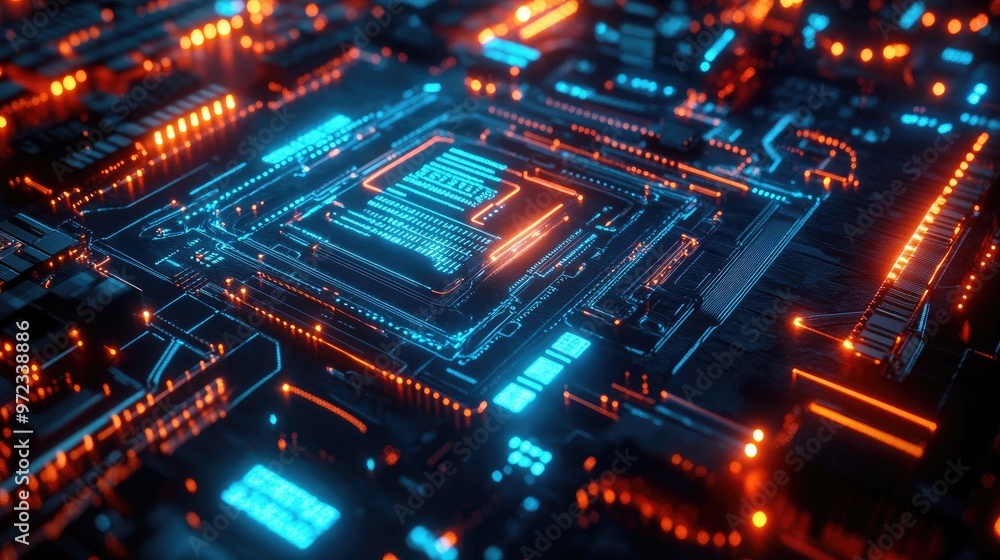 A close-up shot of a glowing blue and orange circuit board, depicting the intricate wiring and a central processor. A close-up shot of a glowing blue and orange circuit board, depicting the intricate wiring and a central processor.