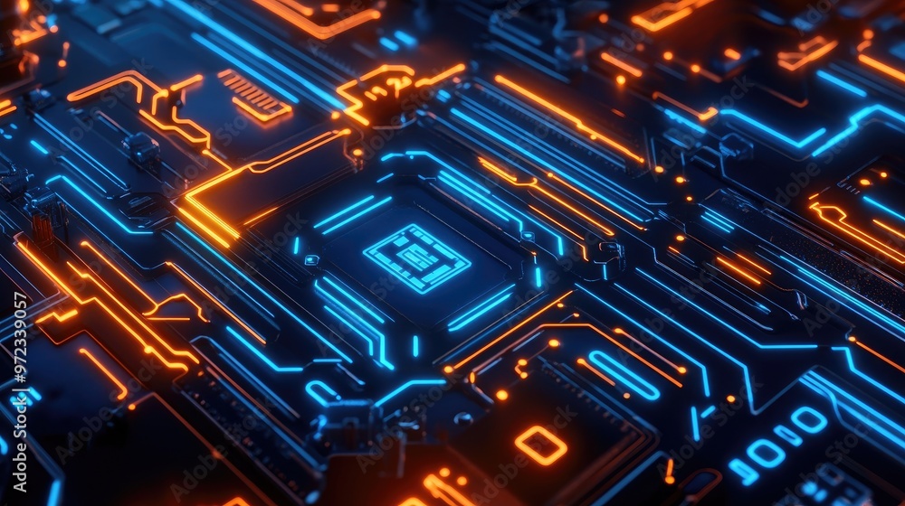 Close-up of a futuristic circuit board with glowing blue and orange lines.