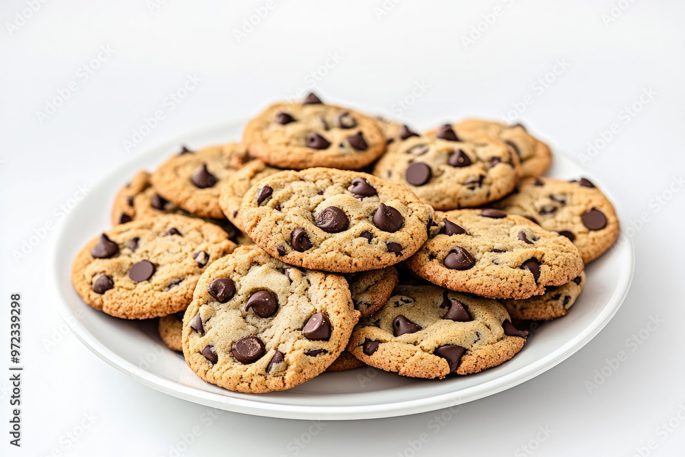 A plate of freshly baked chocolate chip cookies, golden brown with visible chocolate chips, set against a clean white background. The image evokes a sense of comfort, and homemade treats. A plate of freshly baked chocolate chip cookies, golden brown with visible chocolate chips, set against a clean white background. The image evokes a sense of comfort, and homemade treats.