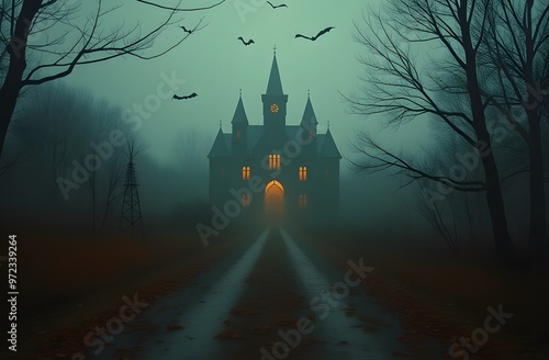 Eerie mansion shrouded in fog, illuminated at dusk with bats flying overhead. Generative AI