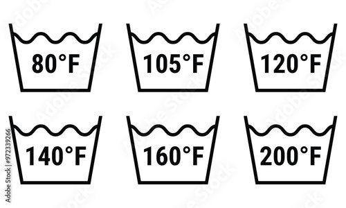 Laundry temperature symbols in Fahrenheit unit. Set of washing temperature icons isolated on white background