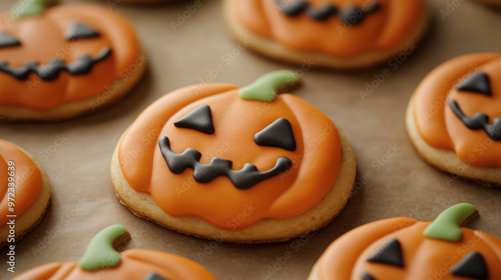 Pumpkin-shaped cookies decorated with orange icing and black chocolate jack-o-lantern faces Pumpkin-shaped cookies decorated with orange icing and black chocolate jack-o-lantern faces