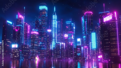 Wallpaper Mural Neon lights illuminate a futuristic city skyline at night. Torontodigital.ca