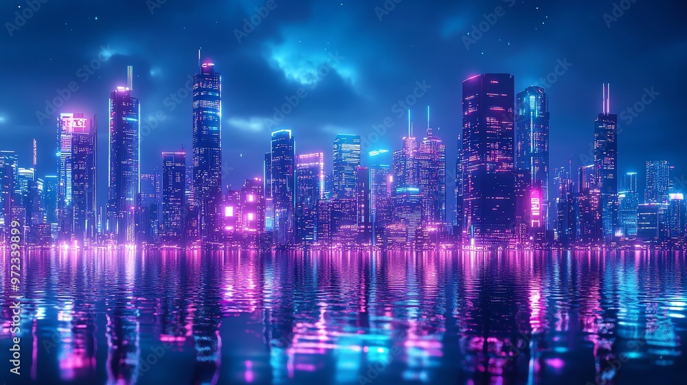 Obraz premium A beautiful city skyline at night, glowing with pink and blue neon lights.