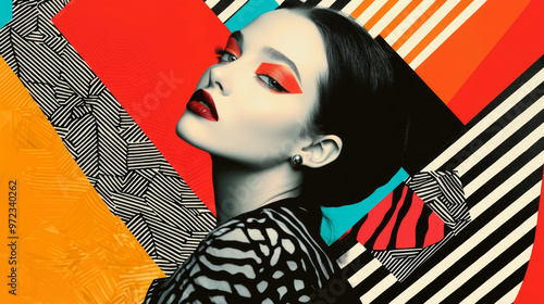 A woman in a red dress and red hat, with a stylish appearance, showcasing beauty and fashion elements like hair, makeup, and lips in a black art-inspired vector illustration