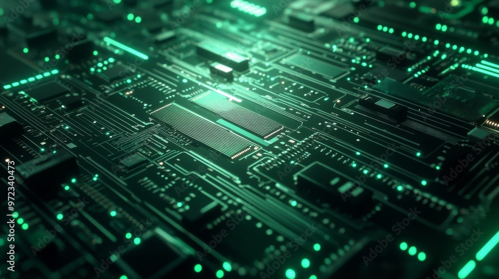 3D render of a green circuit board background, a computer technology concept 3D render of a green circuit board background, a computer technology concept