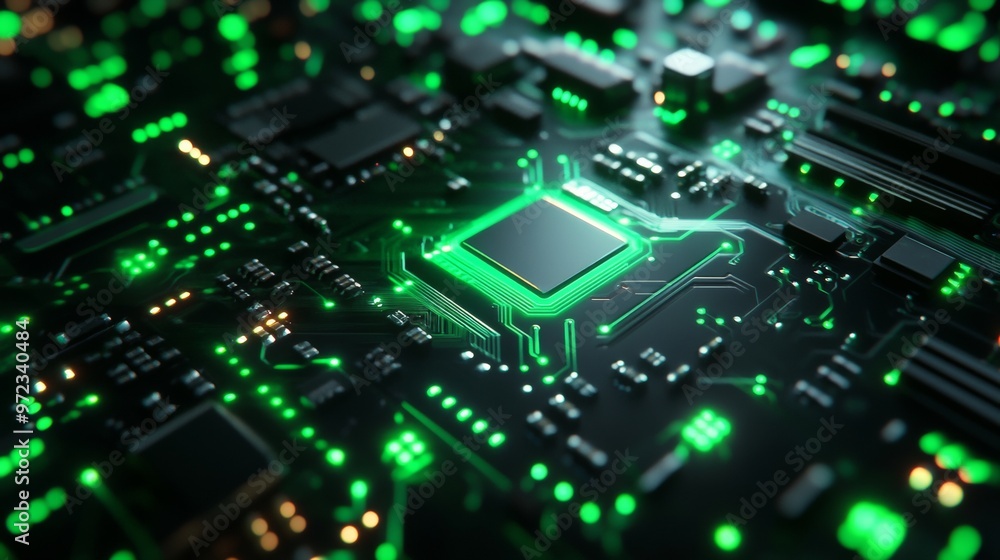 3D render of a green circuit board with glowing elements on a black background 3D render of a green circuit board with glowing elements on a black background