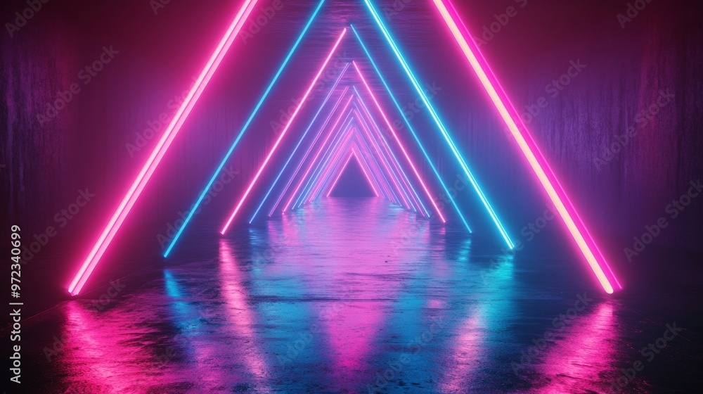 Fototapeta premium 3D rendering of glowing neon light lines in the shape of triangles on a dark background