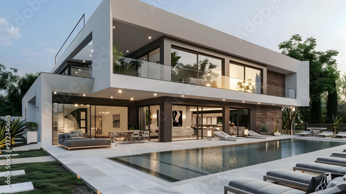 Luxury modern villa with swimming pool and garden, generative ai