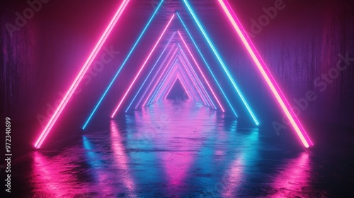 3D rendering of glowing neon light lines in the shape of triangles on a dark background