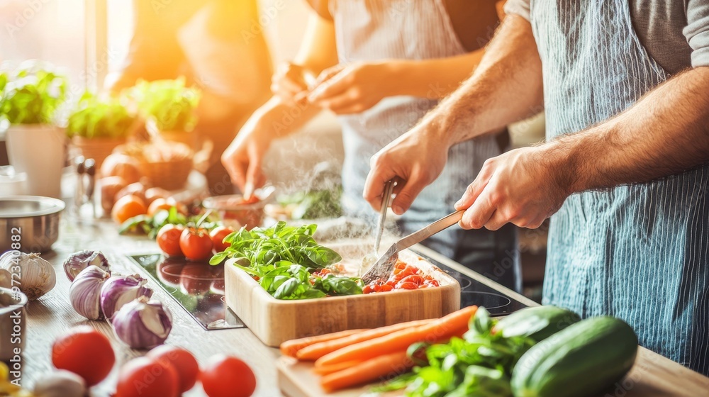Group Cooking Fresh Vegetables in a Sunlit Kitchen Group Cooking Fresh Vegetables in a Sunlit Kitchen