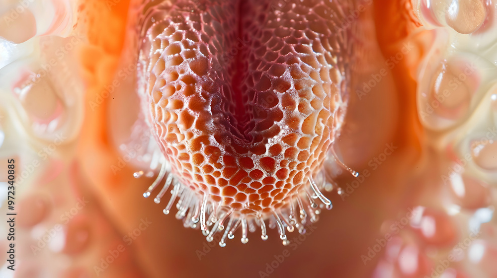 Macro photo of a tongue highlighting its sensory receptors Macro photo of a tongue highlighting its sensory receptors