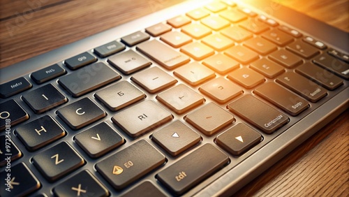 A close-up shot of a laptop keyboard with Spanish characters and labels, lit by soft natural light, on photo