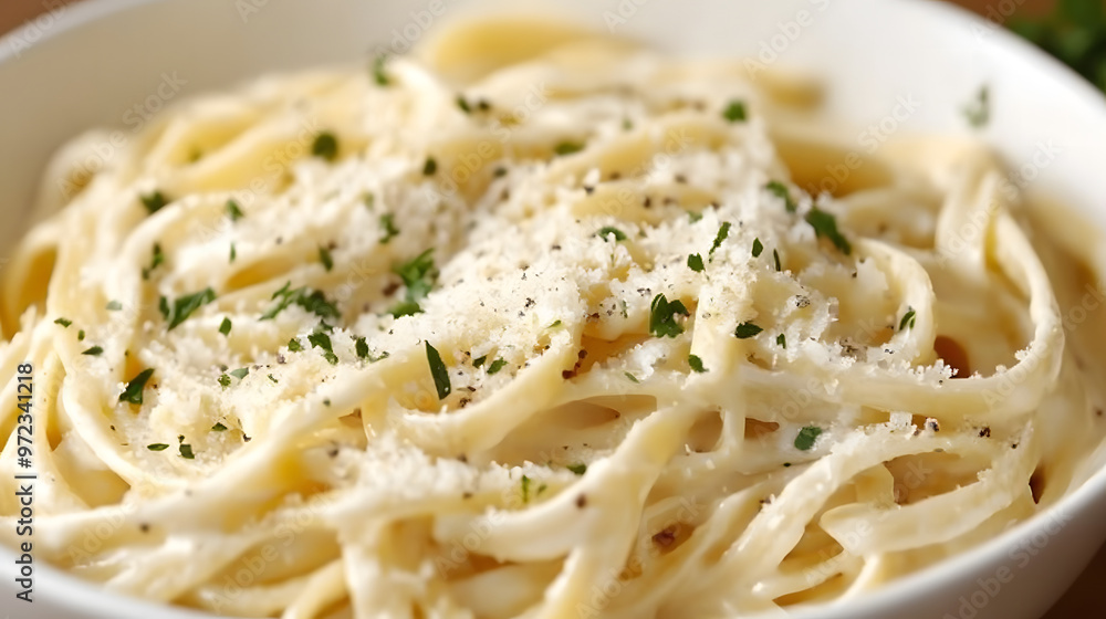 A close-up of a bowl of creamy fettuccine Alfredo pasta, with fresh Parmesan shavings and a sprinkle of parsley A close-up of a bowl of creamy fettuccine Alfredo pasta, with fresh Parmesan shavings and a sprinkle of parsley
