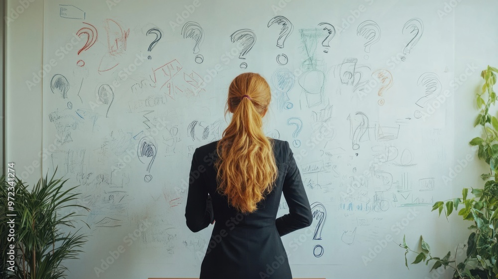 Fototapeta premium A businesswoman standing at a whiteboard with several question marks drawn around her, pondering a solution
