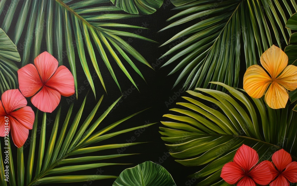 A tropical oasis with lush palm fronds and vibrant spring flowers, creating a peaceful and refreshing backdrop A tropical oasis with lush palm fronds and vibrant spring flowers, creating a peaceful and refreshing backdrop