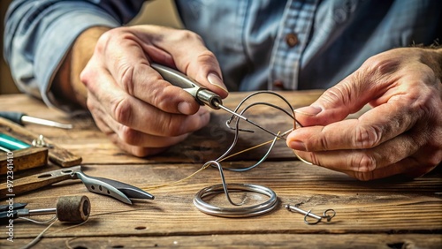 A close-up shot of a person's hands shaping a fishhook from a thin metal wire, with pliers and photo