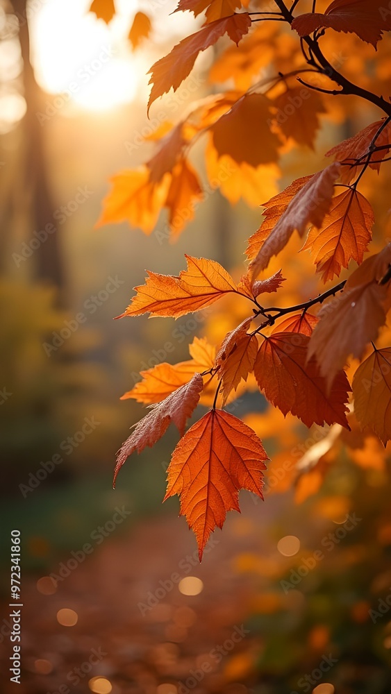 Autumn background with orange and red leaves at sunset, a beautiful autumn nature scene Autumn background with orange and red leaves at sunset, a beautiful autumn nature scene