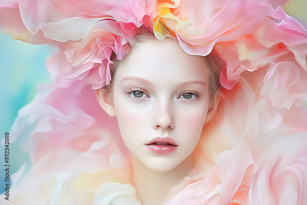 A surreal portrait of a young woman with ethereal beauty, adorned with soft, flowing fabric in pastel tones in the head. The portrait evokes a sense of fantasy with a focus on natural elegance. A surreal portrait of a young woman with ethereal beauty, adorned with soft, flowing fabric in pastel tones in the head. The portrait evokes a sense of fantasy with a focus on natural elegance.