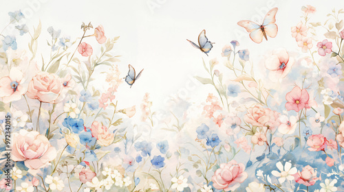 A soft watercolor illustration depicting a vibrant floral garden filled with roses, bluebells, and butterflies fluttering amidst the colorful blooms, creating a tranquil and enchanting scene.