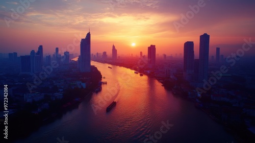 An aerial shot of Bangkok's skyline at sunset, with skyscrapers casting shadows over the