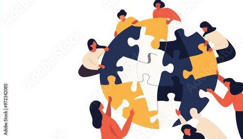 An abstract representation of a globe surrounded by diverse teams, each holding pieces of a puzzle, symbolizing teamwork and strategic outsourcing photo