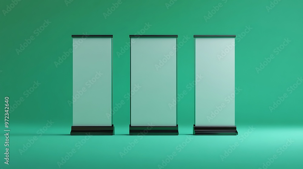 Three Blank Roll Up Banners on Green Background Three Blank Roll Up Banners on Green Background